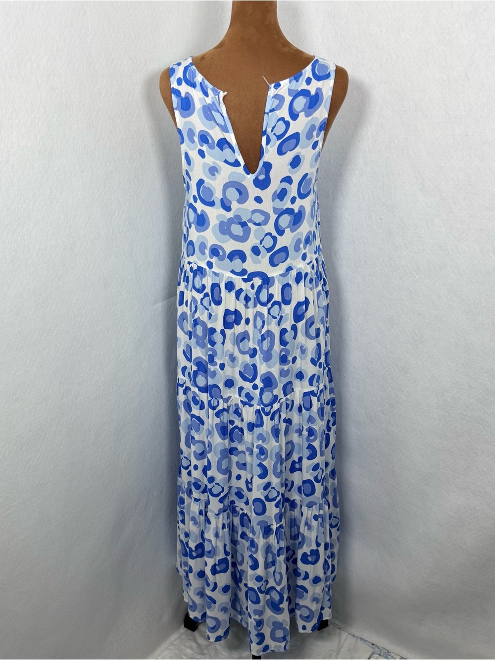 Cottagecore Tiered Blue Leopard Print Small Maxi Dress Viscose - Picture 7 of 10